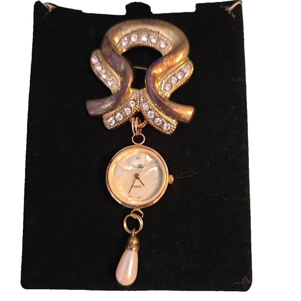 Quintel Watch Brooch Pin Gold-tone Crystals Quartz Japan Movement